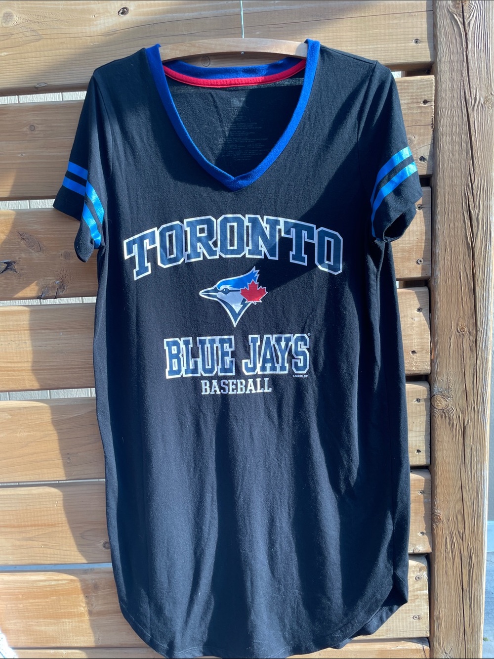 Black Toronto Blue Jays V‑Neck Tee with Blue Accents Long Shirt
